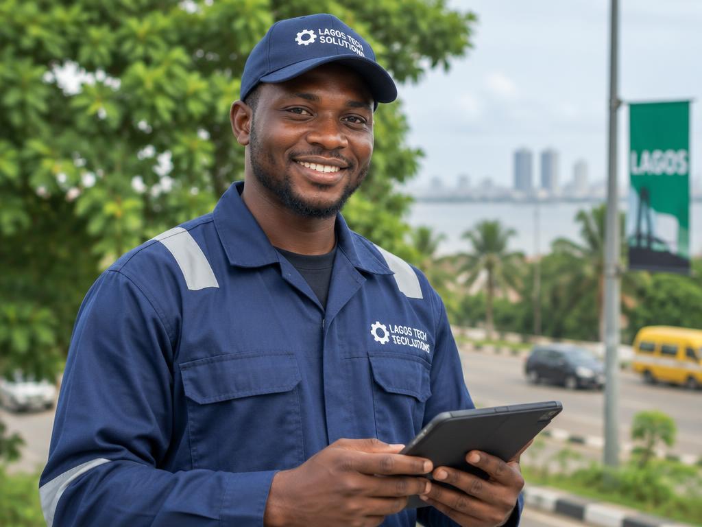 Smiling Lagos technician holding a tablet